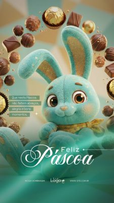 Feliz Páscoa Coelho e Ovos de Chocolate Arte para Social Media PSD Editável