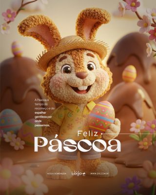 Feliz Páscoa Coelho e Ovos de Chocolate Arte para Social Media PSD Editável
