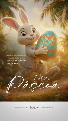 Feliz Páscoa Coelho e Ovos de Chocolate Arte para Social Media PSD Editável