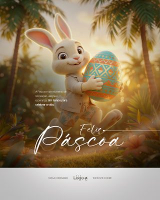 Feliz Páscoa Coelho e Ovos de Chocolate Arte para Social Media PSD Editável