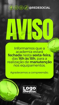 Aviso Academia Fechada Manutenção Equipamentos Template Verde PSD Editável