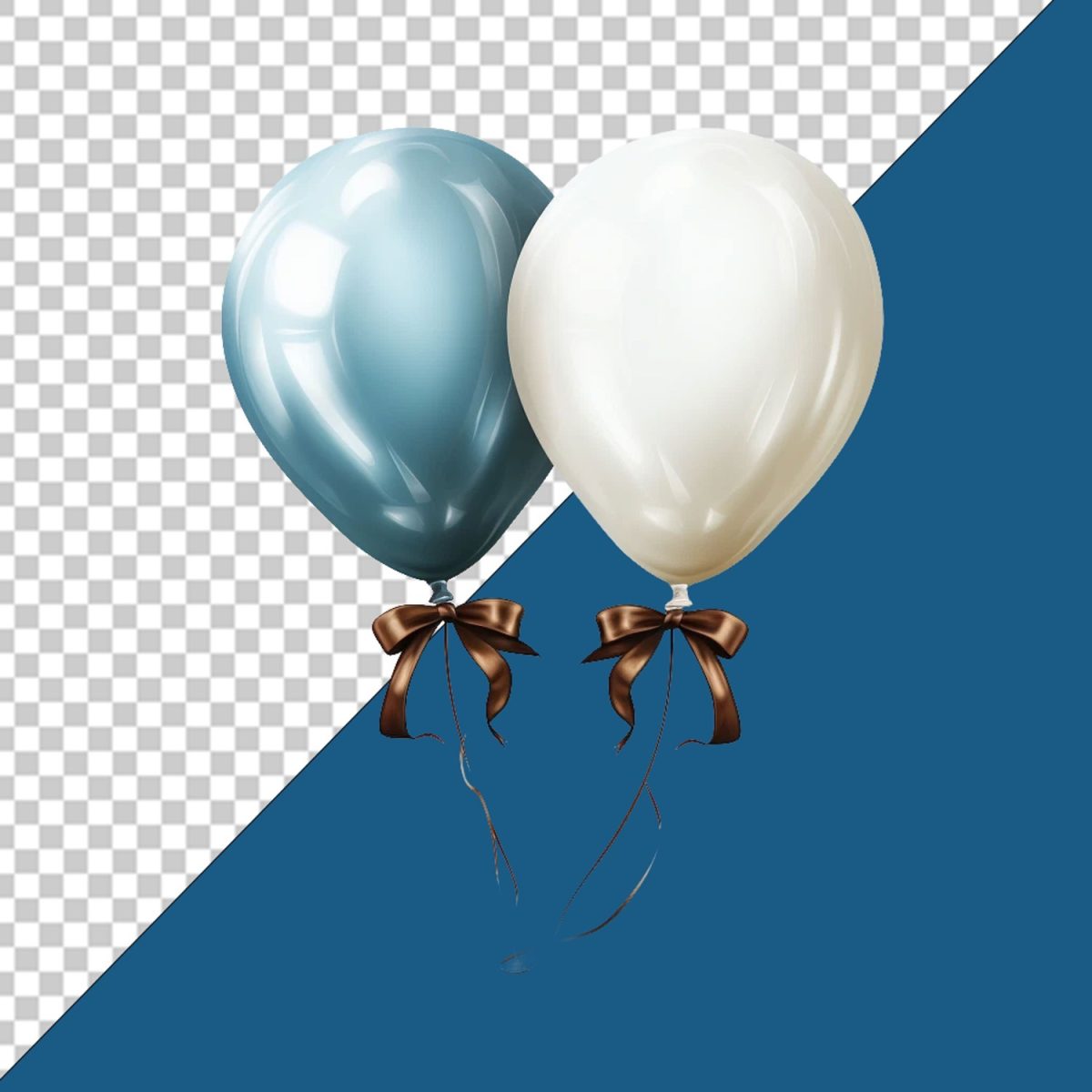 Balões Azul e Branco com Laços Marrons Ilustração Festa PSD Editável