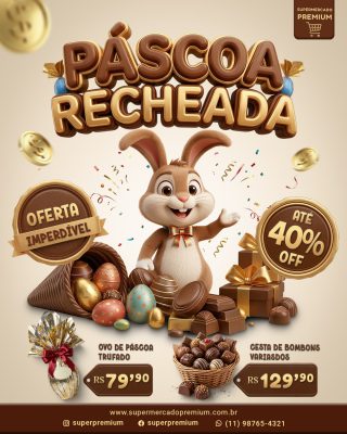 Páscoa Recheada Coelho e Ovos de Chocolate Promoção PSD Editável