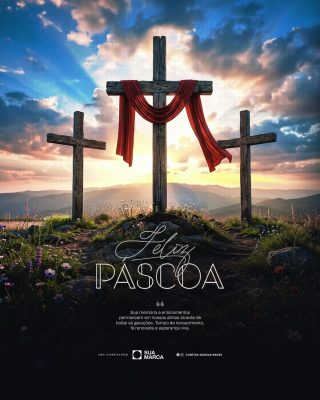 Páscoa Feliz Páscoa Cruz Montanha Pôr do Sol PSD Editável
