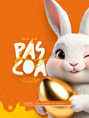 Feliz Páscoa Coelhinho Fofo Ovo Dourado PSD Editável