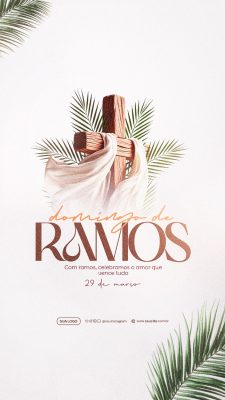 Domingo de Ramos Cruz e Folhas Celebrando Amor PSD Editável