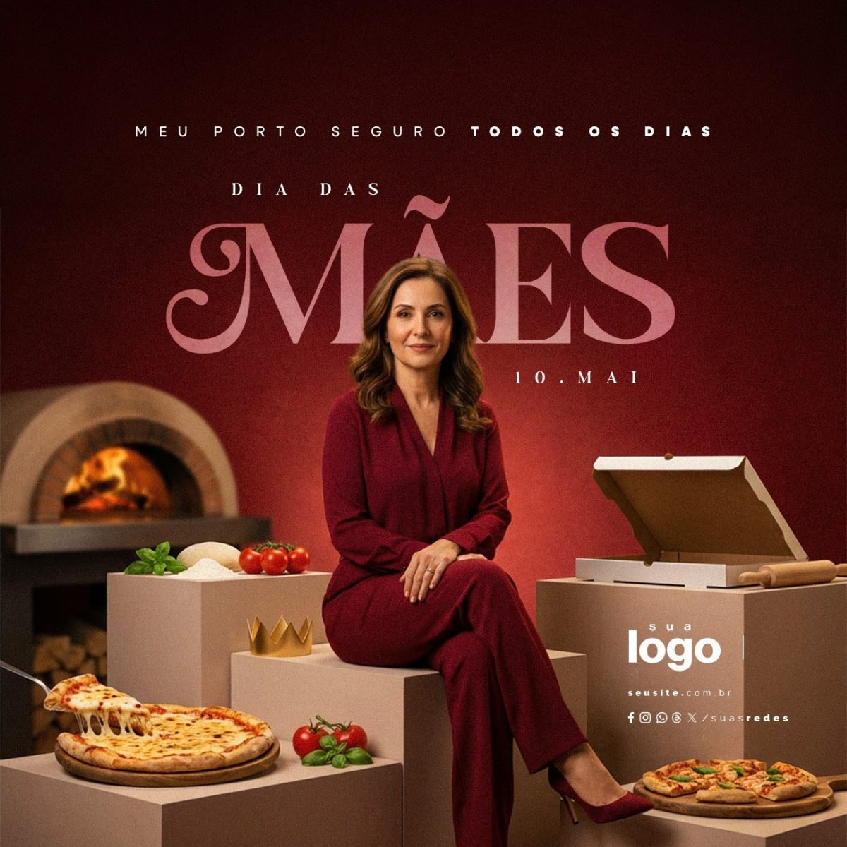 Dia das Mães 10 de Maio Meus Porto Seguro Todos os Dias Pizzaria PSD Editável