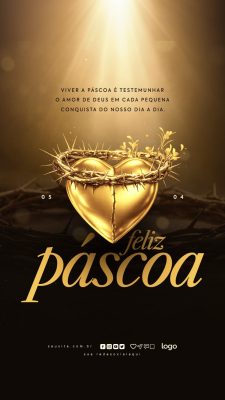 Páscoa Feliz Coroa de Espinhos Coração Dourado PSD Editável