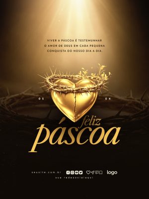 Páscoa Feliz Mensagem Dourada Coroa de Espinhos PSD Editável