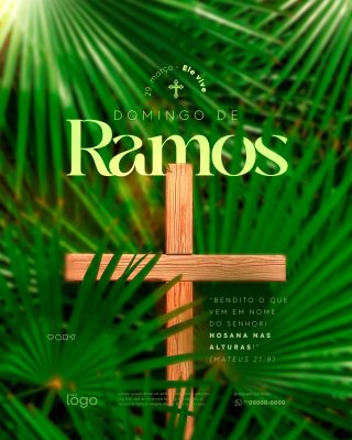 Domingo de Ramos 29 Março Ele Vive Oração Cruz Folhas PSD Editável