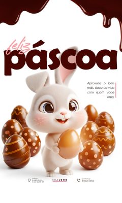 Páscoa Coelhinho Fofo e Ovos de Choclate Arte Festiva PSD Editável