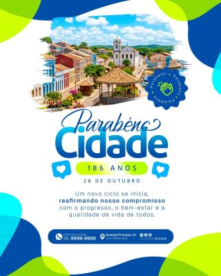 Cidade Parabéns 186 Anos 28 de Outubro Arte Festiva PSD Editável