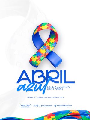 Abril Azul Mês de Conscientização sobre o Autismo Laço Quebra-Cabeça PSD Editável