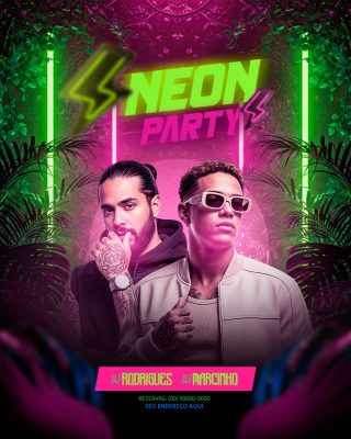 Festa Neon Party com DJ Rodrigues e DJ Marcinho Panflet PSD Editável
