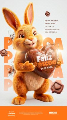 Páscoa Coelhinho com Coração de Chocolate Mensagem Doce PSD Editável