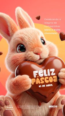 Páscoa Feliz Coelhinho Fofo com Chocolate Coração PSD Editável