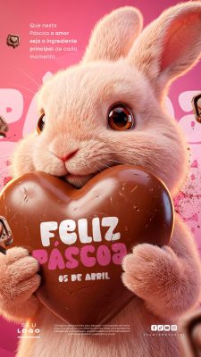 Páscoa Feliz Coelhinho Fofo com Ovo de Chocolate PSD Editável