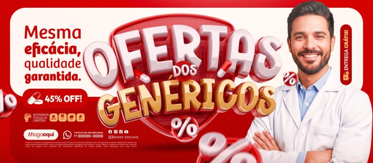 Ofertas dos Genéricos 45% Off Entrega Grátis Banner PSD Editável
