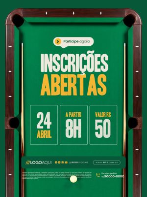 Torneio de Sinuca Inscrições Abertas PSD Editável