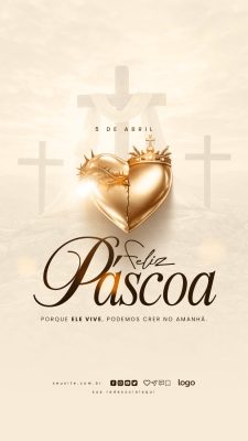 Páscoa Feliz Coração Dourado Cruz Coroa de Espinhos PSD Editável