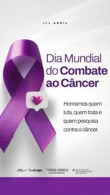 Dia Mundial Combate ao Câncer Laço Roxo 08 Abril PSD Editável