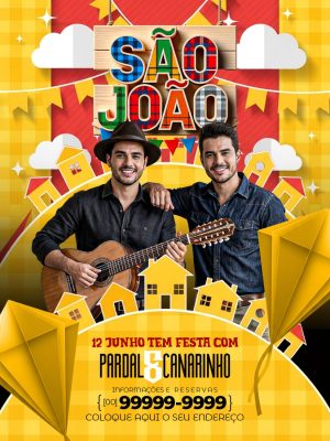 Feed Flyer São João 12 Junho Tem Festa com Pardal e Canarinho Divulgação PSD Editável