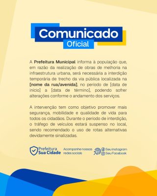 Comunicado Oficial Interdição de Rua por Obras PSD Editável