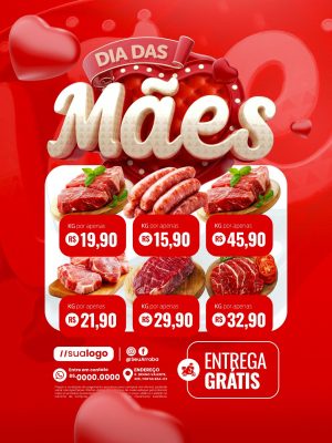 Açougue Dia das Mães Ofertas Carnes Entrega Grátis PSD Editável