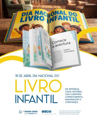 Dia Nacional do Livro Infantil 18 de Abril Crianças Lendo PSD Editável