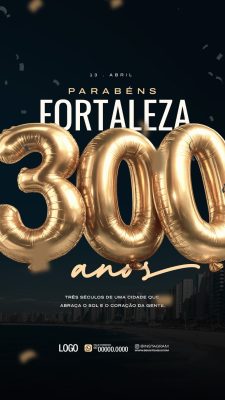 Fortaleza Aniversário 300 Anos Balões Dourados PSD Editável