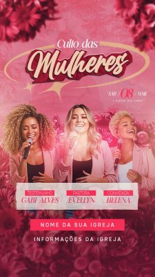 Story Culto das Mulheres SAB 08 MAR Arte Rosé com Flores PSD Editável